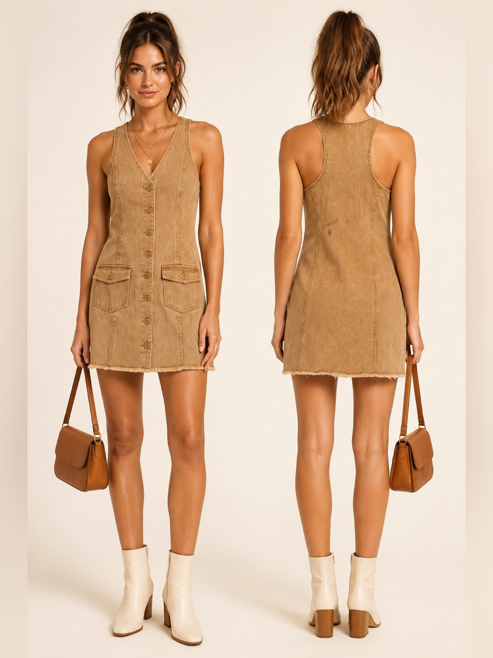 Sadie & Sage Camel Denim Button-Front Mini Dress Medium